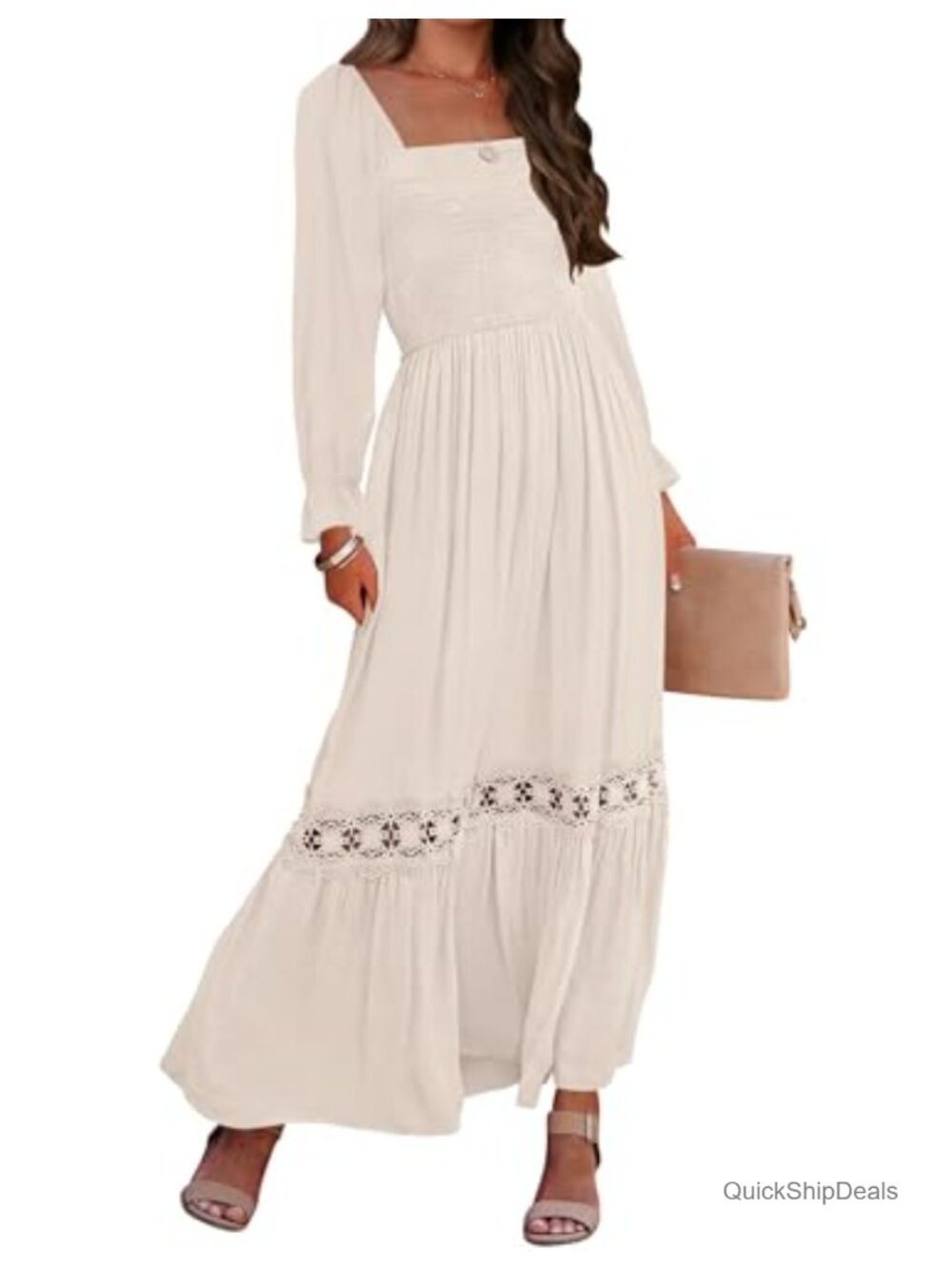 ZESICA Women's Boho Long Sleeve Fall Maxi Dress Smocked Flowy Lace